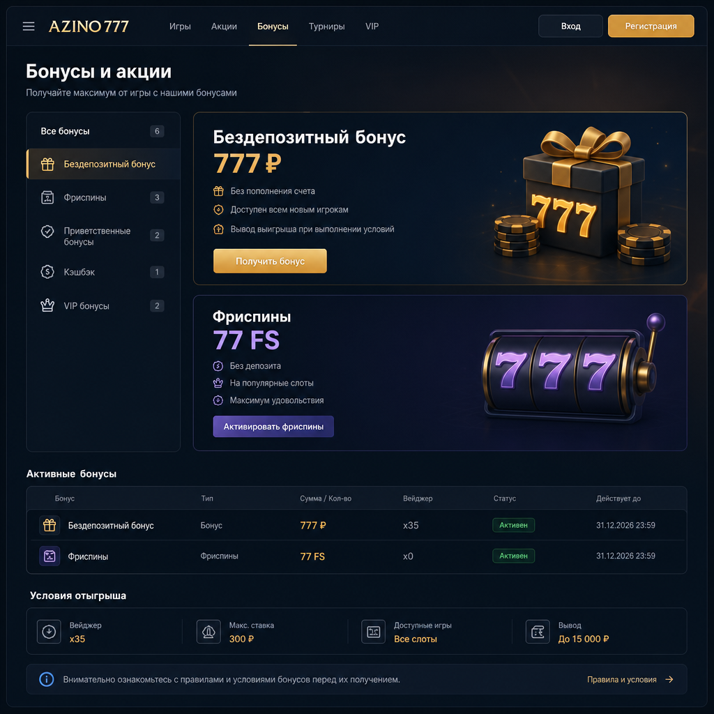 Интерфейс бонусов Azino777 с выделением бездепозитного бонуса и фриспинов