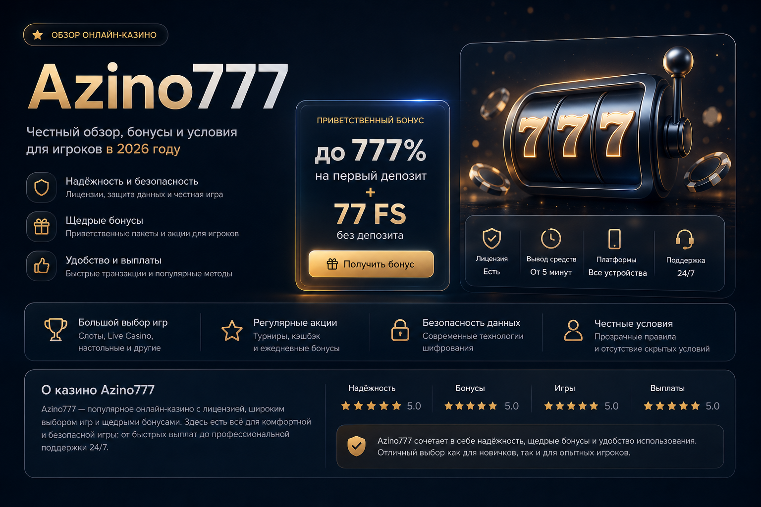 Премиальный тёмный обзор Azino777 с акцентом на бонусы, welcome pack и надёжность